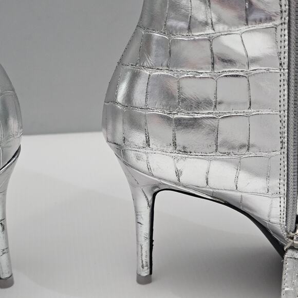 Black Suede Studio Tory Knee High Boot EU 38 Metallic Silver Croc Embossed Heel - Picture 8 of 16